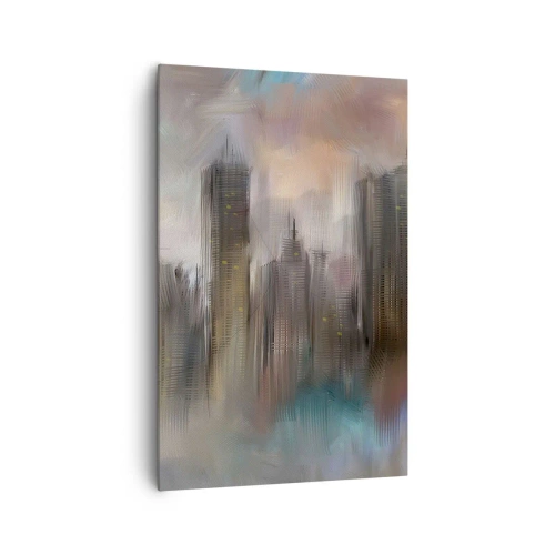 Bild auf Leinwand - Leinwandbild - Eine künstlerische Vision einer Stadtlandschaft mit Wolkenkratzern in Pastellfarben. - 80x120cm - Eine Komposition aus Stahl, Stein und Nebel - Moderne Wanddekoration für Wohnzimmer und Schlafzimmer ARTTOR