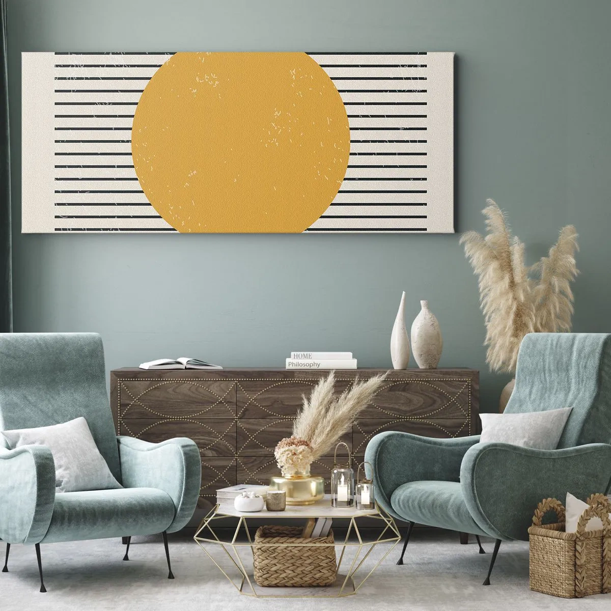 Bild auf Leinwand - Leinwandbild - Ein gelber Kreis auf einem Hintergrund aus schwarzen und weißen horizontalen Linien - 160x50cm - Die Kraft der Einfachheit - Moderne Wanddekoration für Wohnzimmer und Schlafzimmer ARTTOR