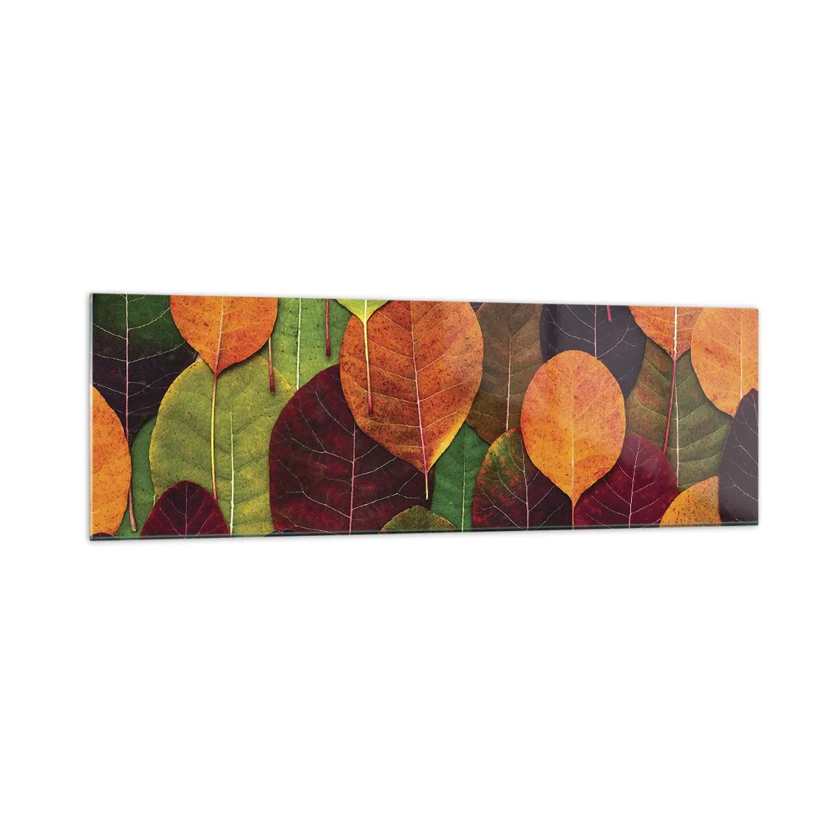 Glasbild - Bild auf glas - Bunte Blätter in einem herbstlichen Muster angeordnet - 160x50cm - Herbstmosaik - Moderne Wanddekoration für Wohnzimmer und Schlafzimmer ARTTOR
