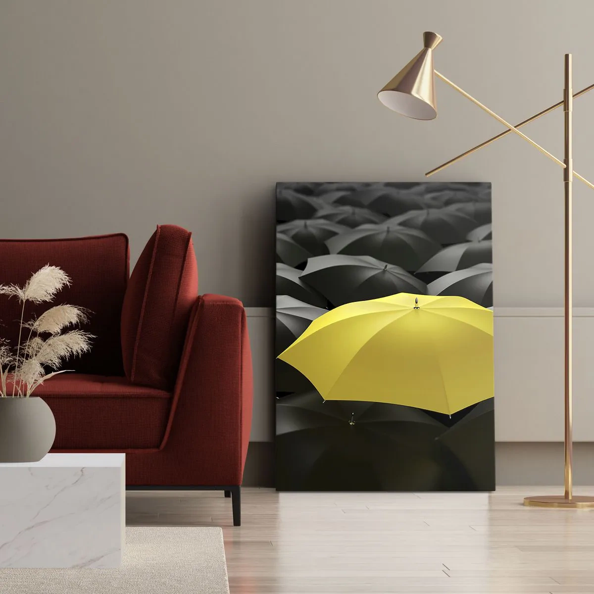 Bild auf Leinwand - Leinwandbild - Ein gelber Regenschirm zwischen schwarzen Regenschirmen - 70x100cm - Auf Wiedersehen Trauer - Moderne Wanddekoration für Wohnzimmer und Schlafzimmer ARTTOR