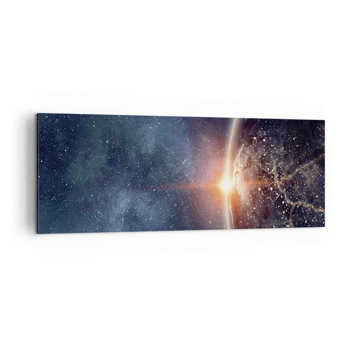Bild auf Leinwand - Leinwandbild - Die Erde vom Weltraum aus gesehen mit der aufgehenden Sonne - 140x50cm - In einer neuen Perspektive - Moderne Wanddekoration für Wohnzimmer und Schlafzimmer ARTTOR