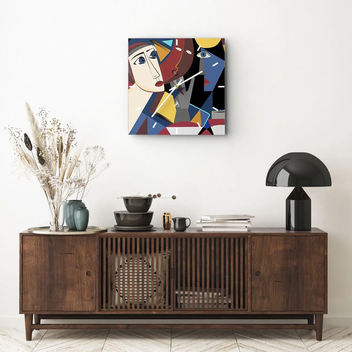 Wanduhr - Glasuhr - Kubistische Gesichter in intensiven Farben - 30x30cm - Gespräch zwischen Kubisten - Moderne Wanddekoration für Wohnzimmer und Schlafzimmer ARTTOR