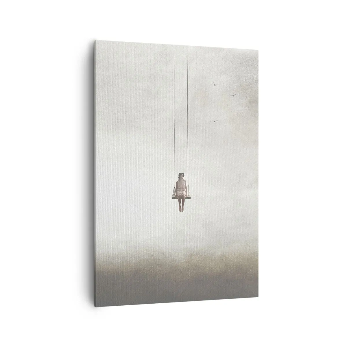 Bild auf Leinwand - Leinwandbild - Eine Figur auf einer Schaukel, die im Raum schwebt - 70x100cm - Ein Kind in uns - Moderne Wanddekoration für Wohnzimmer und Schlafzimmer ARTTOR