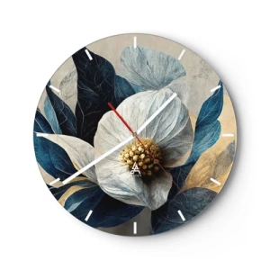 Wanduhr - Glasuhr - Ein weißes Blumenarrangement mit marineblauen Blättern und einer goldenen Mitte - 30x30cm - Er hat ein Herz aus Gold - Moderne Wanddekoration für Wohnzimmer, Küche und Schlafzimmer ARTTOR
