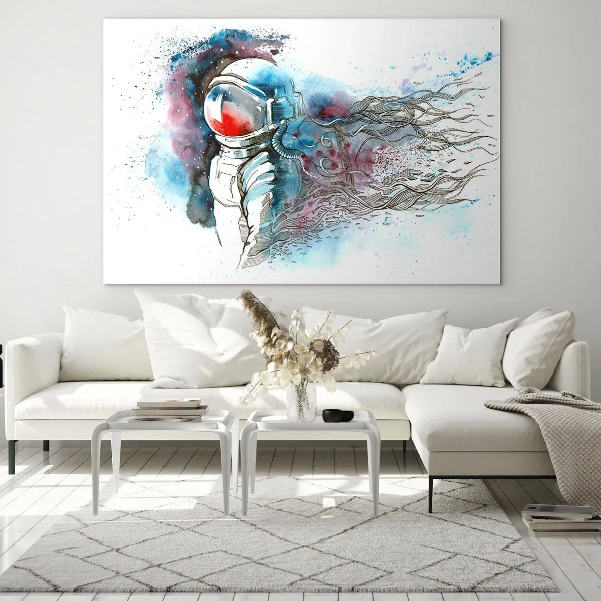 Glasbild - Bild auf glas - Astronaut in einer dynamischen Aquarell-Weltraumkulisse - 70x50cm - Allein mit Platz - Moderne Wanddekoration für Wohnzimmer und Schlafzimmer ARTTOR