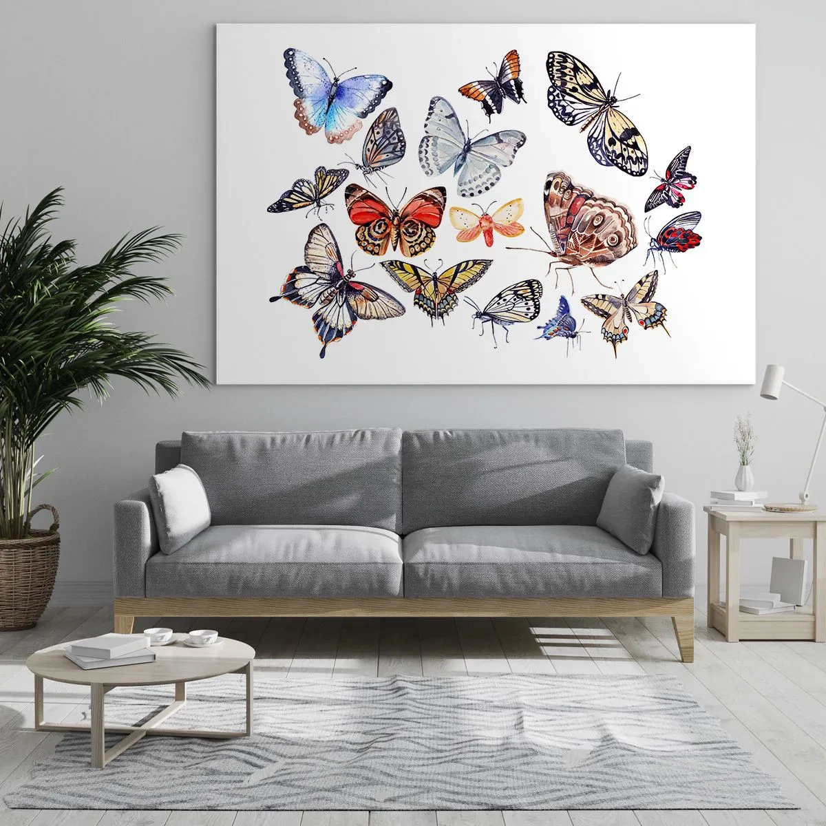 Glasbild - Bild auf glas - Bunte Schmetterlinge in einer künstlerischen Komposition - 100x70cm - Spitzen, bunter Schwarm - Moderne Wanddekoration für Wohnzimmer und Schlafzimmer ARTTOR