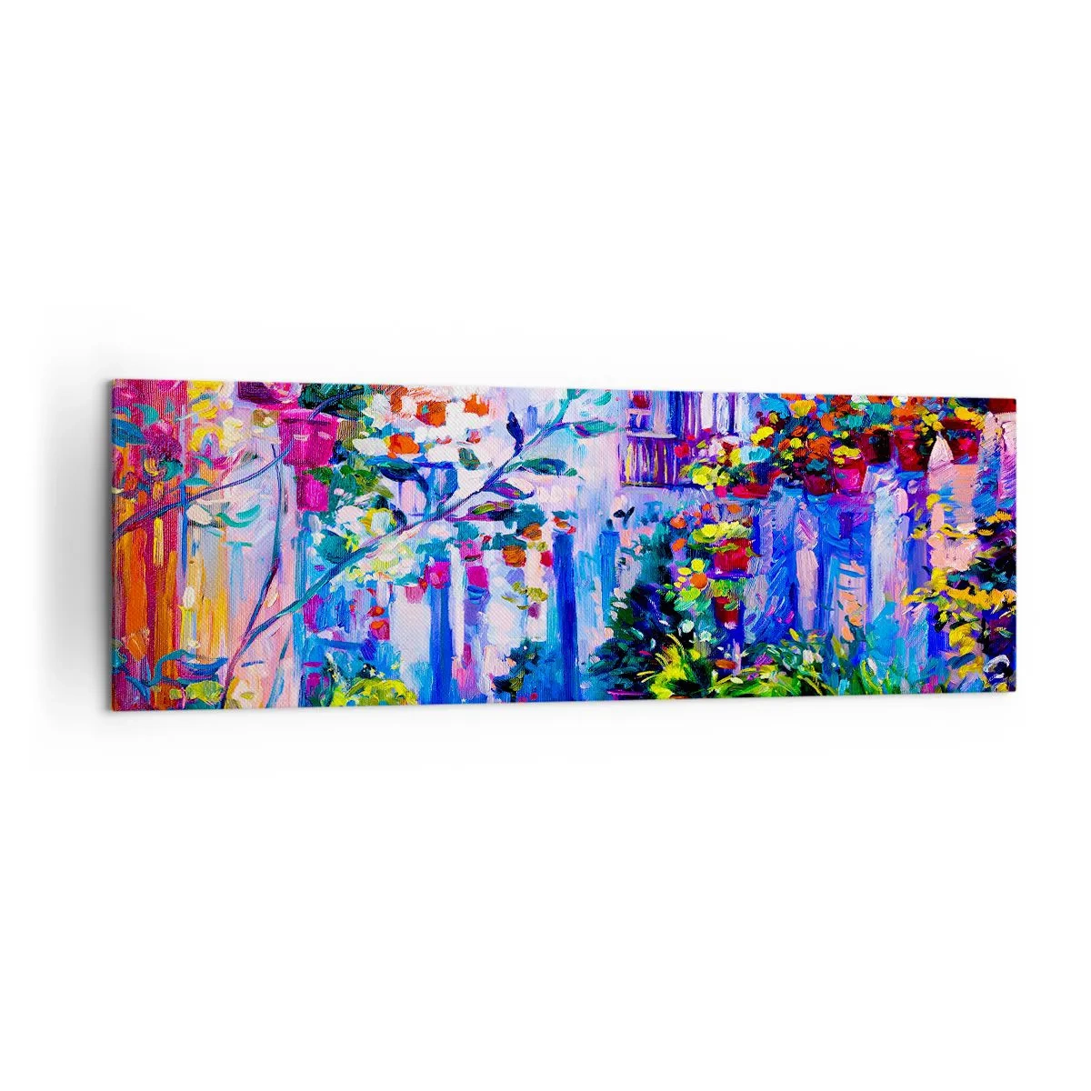 Bild auf Leinwand - Leinwandbild - Eine bunte Straße voller Blumen - 160x50cm - Impresja - eine italienische Straße - Moderne Wanddekoration für Wohnzimmer und Schlafzimmer ARTTOR
