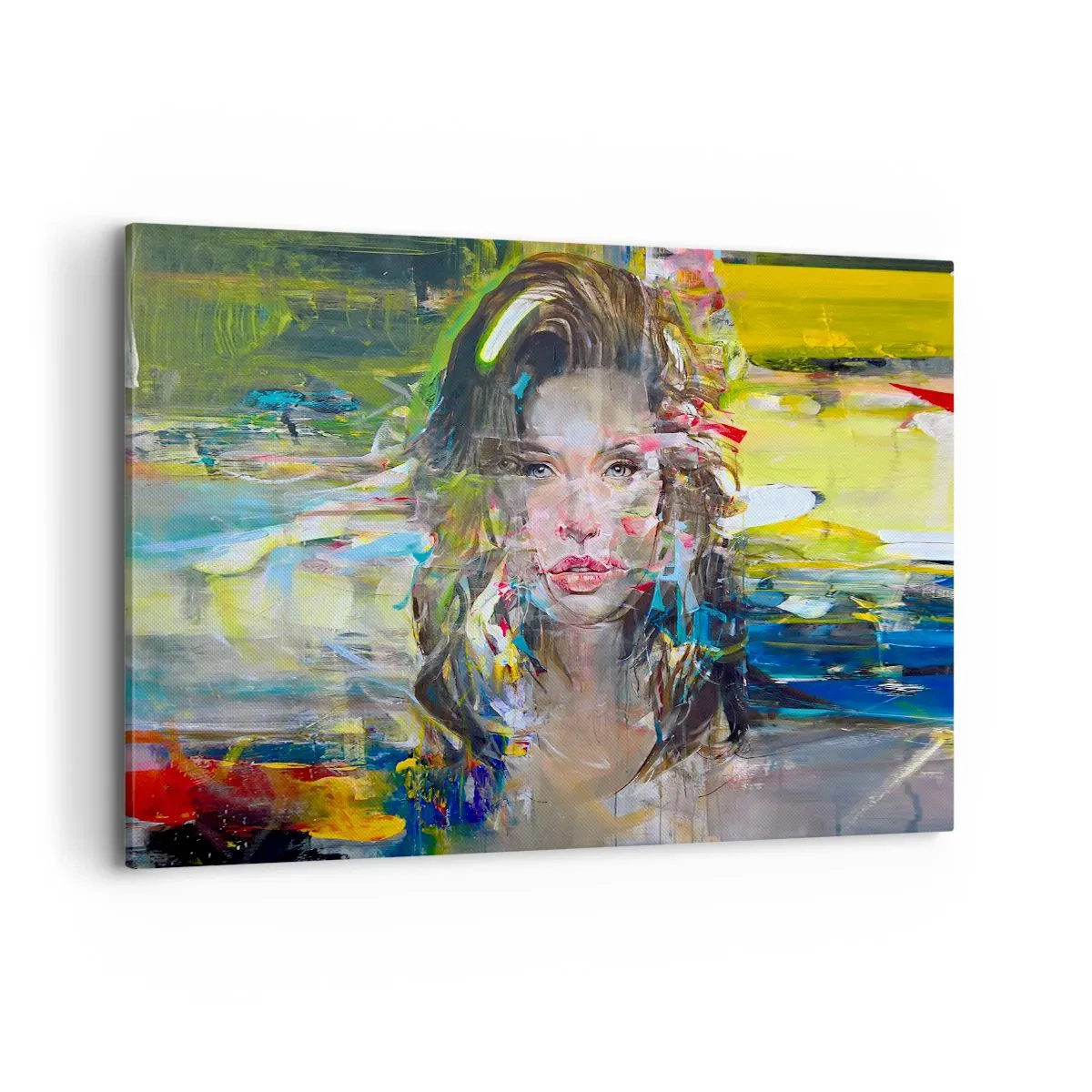 Bild auf Leinwand - Leinwandbild - Abstraktes Frauenporträt in intensiven Farben - 120x80cm - Hinter der Luft ein Vorhang - Moderne Wanddekoration für Wohnzimmer und Schlafzimmer ARTTOR