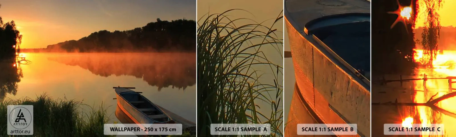 Fototapetenmuster Standard Eco - Sonnenaufgang über dem Wasser wie ein Spiegel - Landschaft, See, Morgen - 100x30 cm