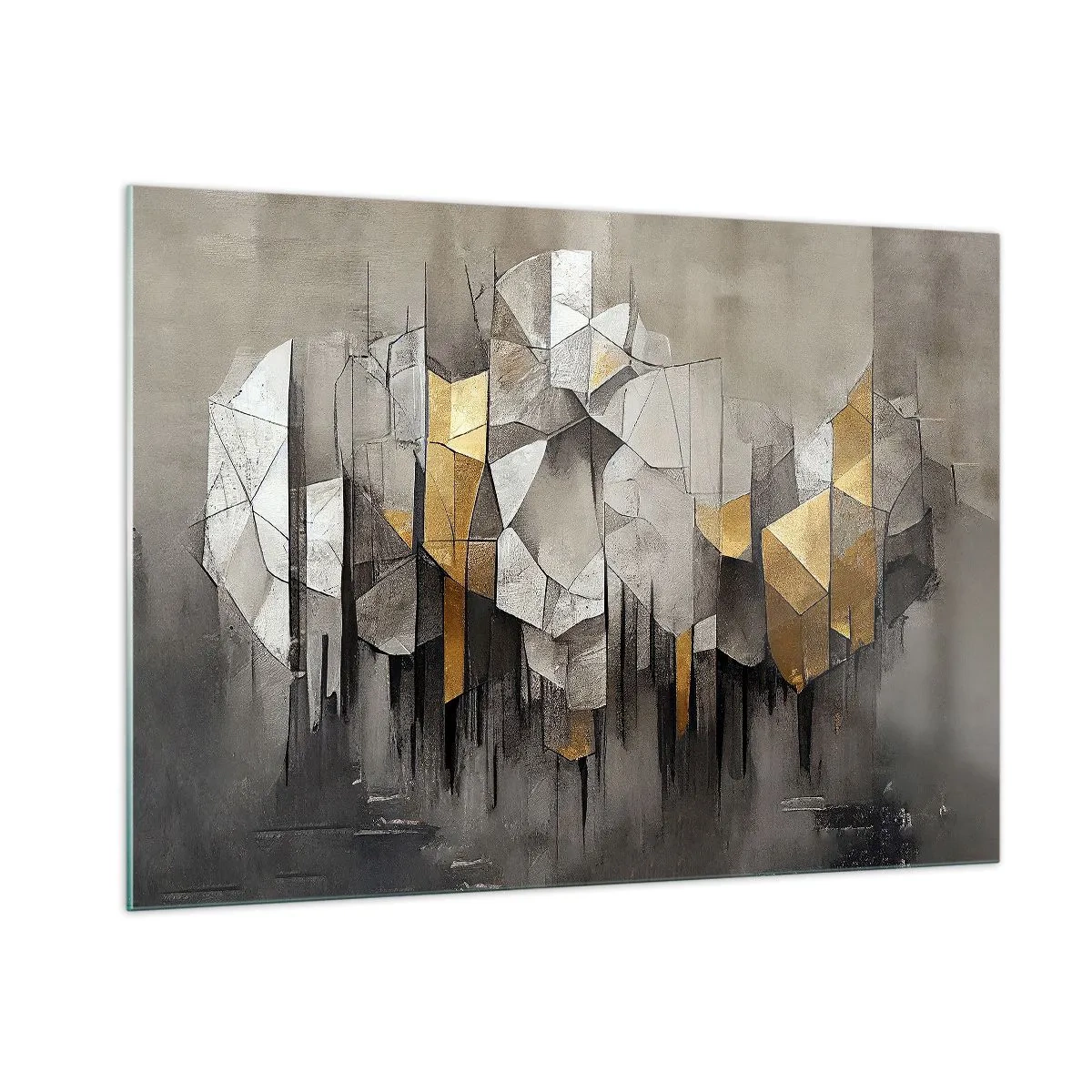 Glasbild - Bild auf glas - Abstrakte Formen in Grau-, Weiß- und Goldtönen - 100x70cm - Komposition aus Eis und Licht - Moderne Wanddekoration für Wohnzimmer und Schlafzimmer ARTTOR