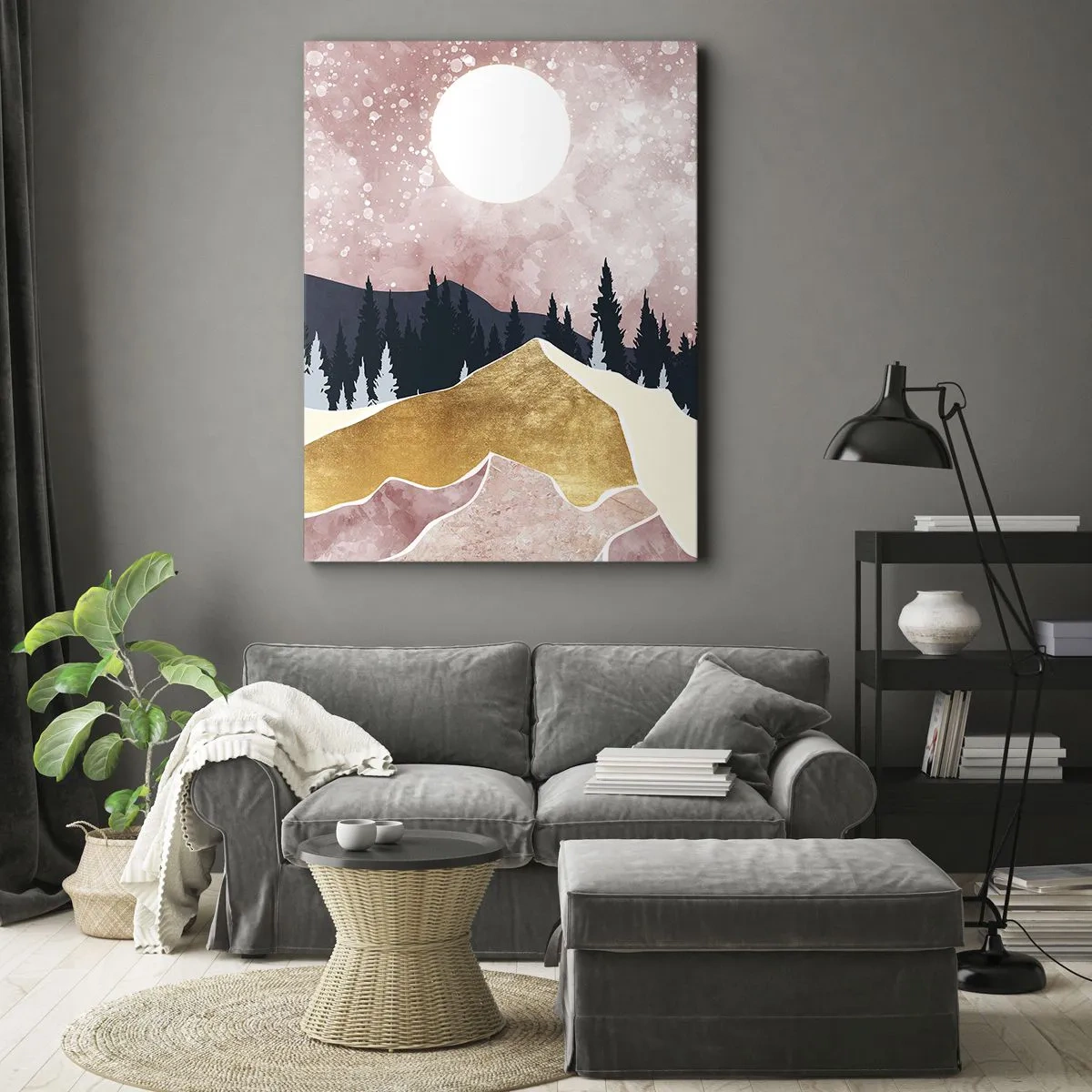 Bild auf Leinwand - Leinwandbild - Bunte Berge vor einem rosa Himmel mit einem Mond - 70x100cm - Nachtwache - Moderne Wanddekoration für Wohnzimmer und Schlafzimmer ARTTOR