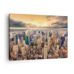 Bild auf Leinwand - Leinwandbild - Stadtpanorama mit Blick auf Wolkenkratzer bei Sonnenuntergang - 70x50cm - Vergoldete Metropole - Moderne Wanddekoration für Wohnzimmer und Schlafzimmer ARTTOR