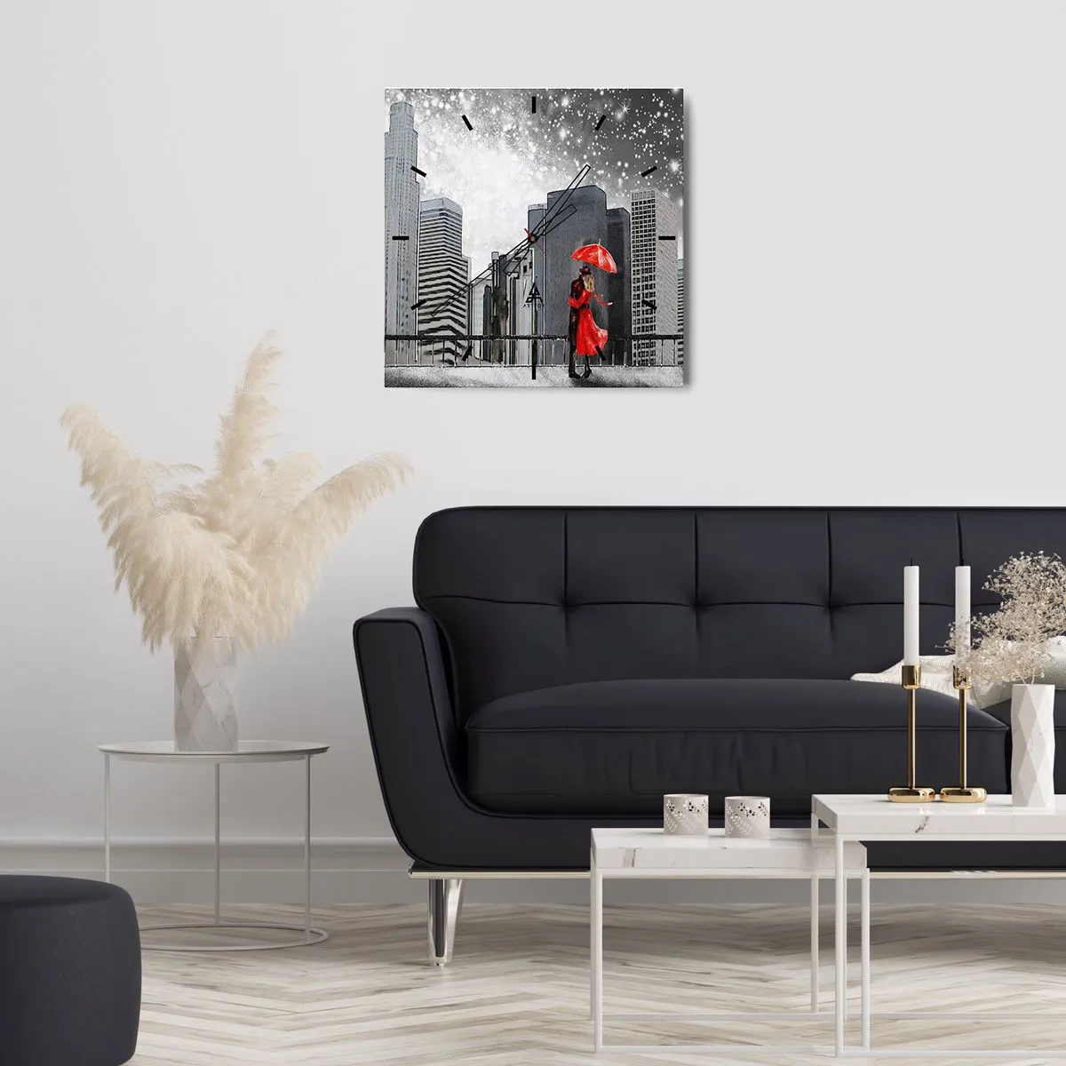 Wanduhr - Glasuhr - Ein Paar in Rot mit einem Regenschirm vor dem Hintergrund einer Stadtlandschaft - 30x30cm - Der Mensch ist kein Stein - Moderne Wanddekoration für Wohnzimmer und Schlafzimmer ARTTOR