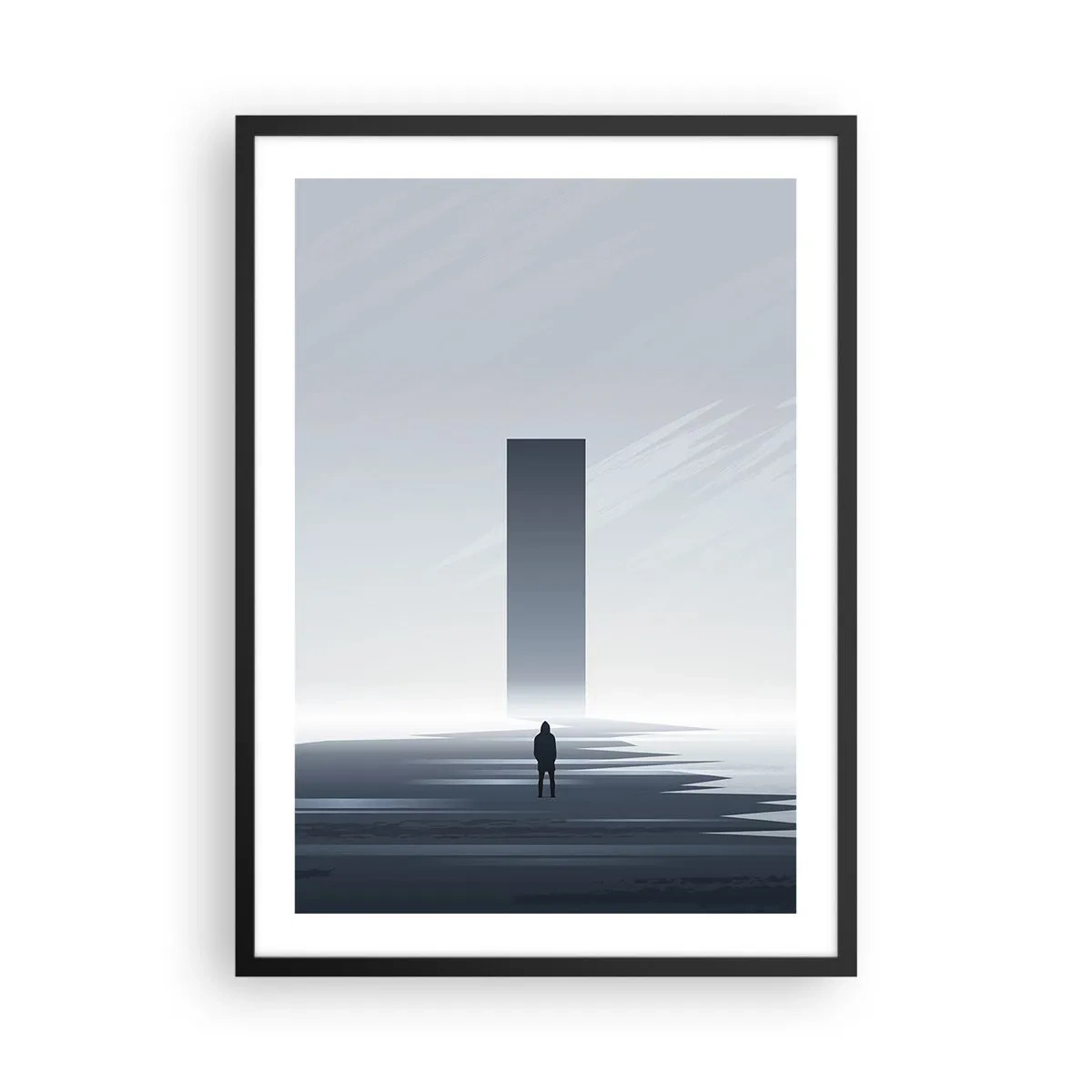 Poster in einem schwarzem Rahmen - Eine minimalistische Szene mit einem mysteriösen Monolithen in kalten Tönen. - 50x70cm - Chance oder Bedrohung? - Moderne Wanddekoration für Wohnzimmer und Schlafzimmer ARTTOR