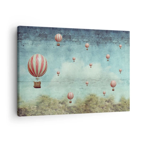 Bild auf Leinwand - Leinwandbild - Retro-Ballons vor blauem Himmel und grünem Hintergrund - 70x50cm - Frei von der Hektik des Lebens - Moderne Wanddekoration für Wohnzimmer und Schlafzimmer ARTTOR