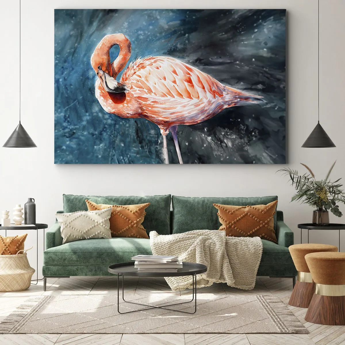 Bild auf Leinwand - Leinwandbild - Ein rosa Flamingo auf einem aquarellblauen Hintergrund - 120x80cm - Von Natur aus dekorativ - Moderne Wanddekoration für Wohnzimmer und Schlafzimmer ARTTOR