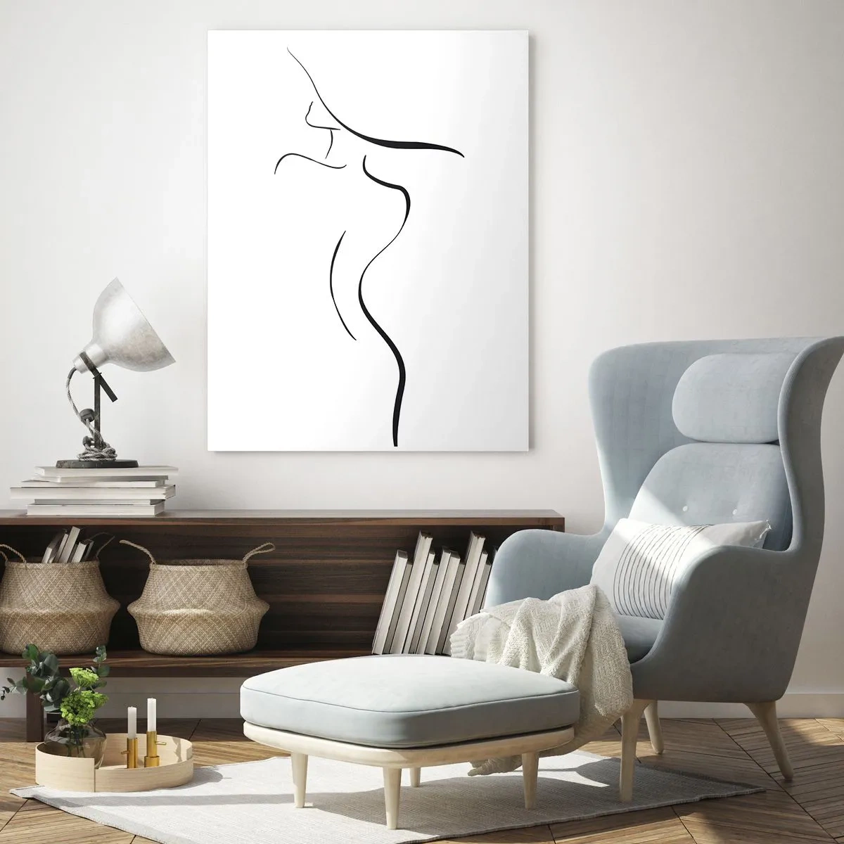 Glasbild - Bild auf glas - Minimalistischer Umriss einer weiblichen Silhouette auf weißem Hintergrund - 80x120cm - Flüchtig wie eine Welle - Moderne Wanddekoration für Wohnzimmer und Schlafzimmer ARTTOR
