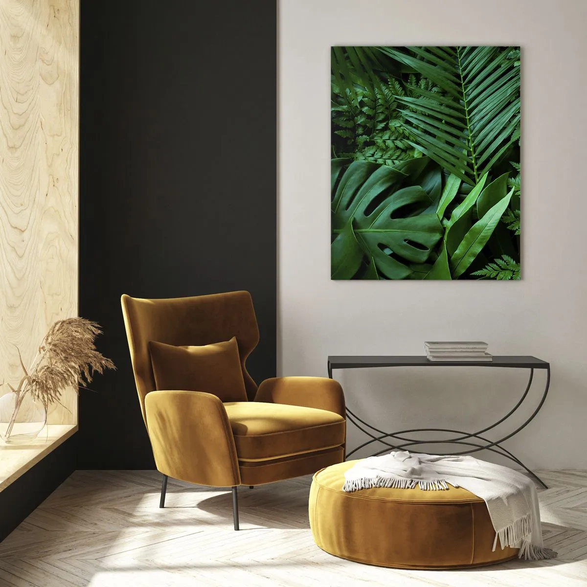 Glasbild - Bild auf glas - Grüne tropische Blätter in einer dichten und natürlichen Komposition - 80x120cm - Eingebettet ins Grüne - Moderne Wanddekoration für Wohnzimmer und Schlafzimmer ARTTOR