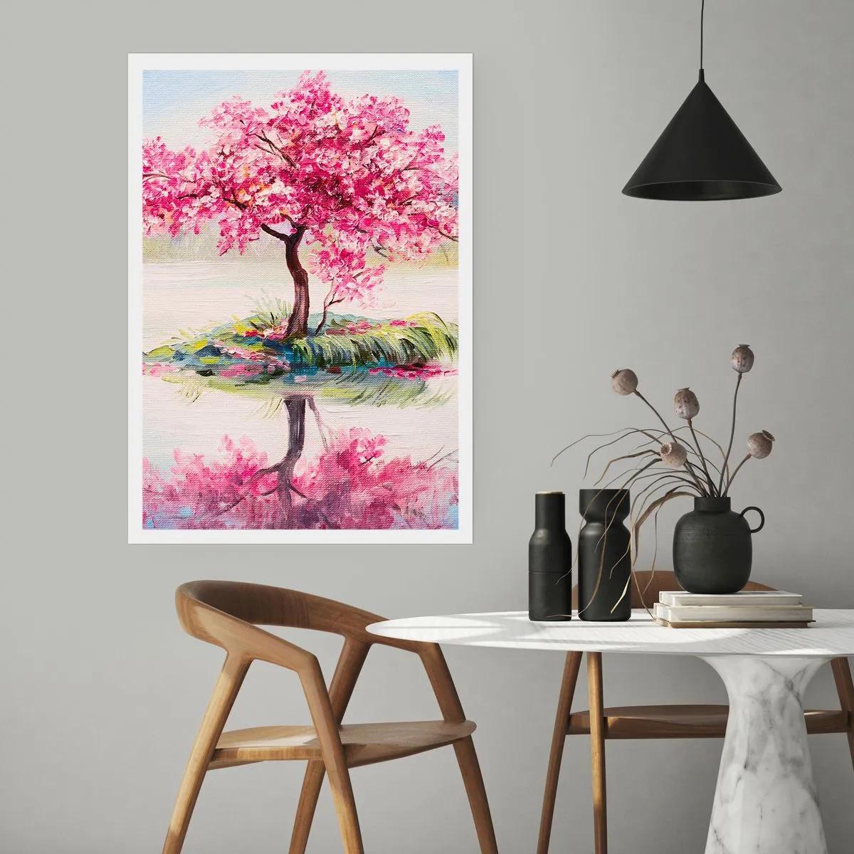 Poster - Ein Kirschbaum an einem ruhigen See - 50x70cm - Der Ritus des Frühlings - Moderne Wanddekoration für Wohnzimmer und Schlafzimmer ARTTOR