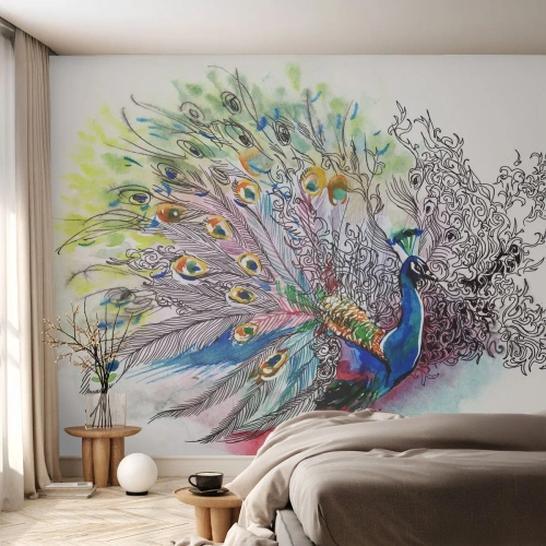 Selbstklebende Fototapete Deluxe Sticker - Mit Stolz gegen Grau - Vogel, Pfau, Gefieder - 100x70 cm