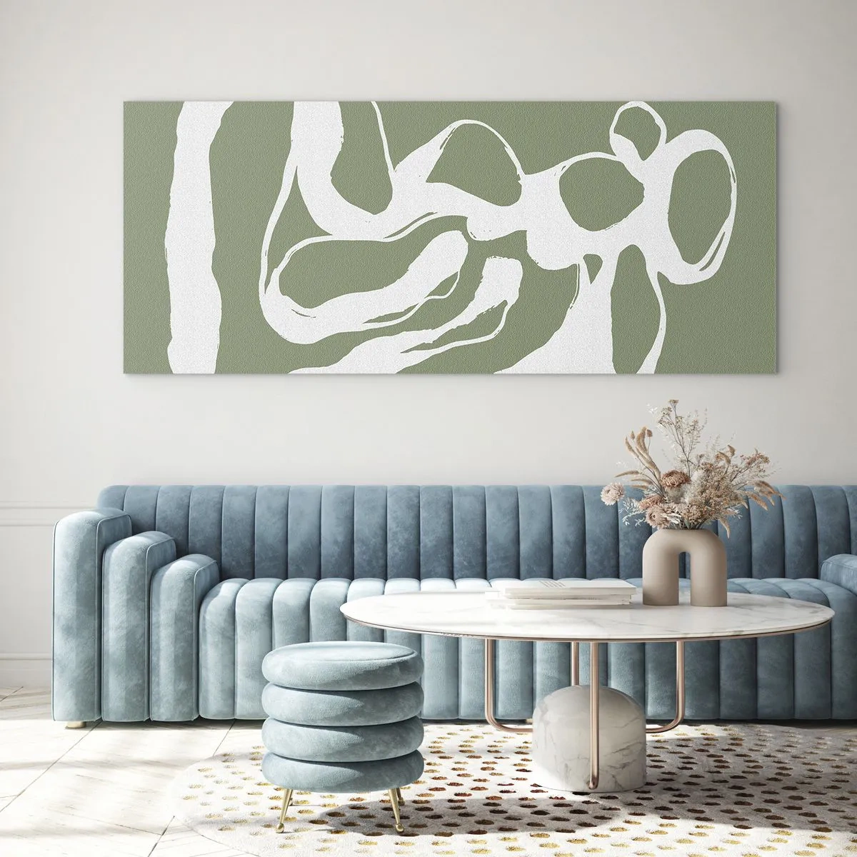 Glasbild - Bild auf glas - Organische Formen in Weiß auf grünem Hintergrund - 140x50cm - Ruf des Weltraums - Moderne Wanddekoration für Wohnzimmer und Schlafzimmer ARTTOR