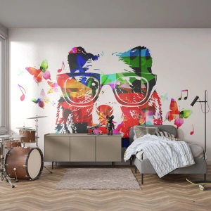 Fototapete Premium Sand - Ein bunter Bär mit Brille und musikalischen Akzenten - 100x70cm - Ich mag! - Moderne Wanddekoration für Wohnzimmer und Schlafzimmer ARTTOR