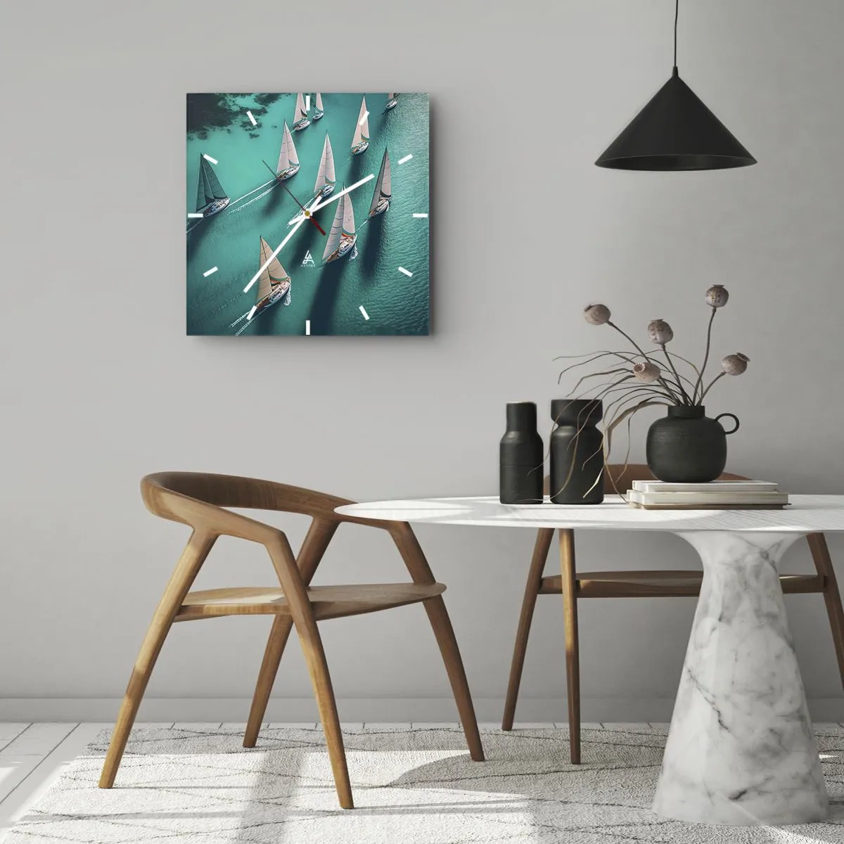 Wanduhr - Glasuhr - Yachten auf türkisfarbenem Wasser in dynamischer Bewegung - 30x30cm - Im Wettbewerb mit dem Wind - Moderne Wanddekoration für Wohnzimmer und Schlafzimmer ARTTOR