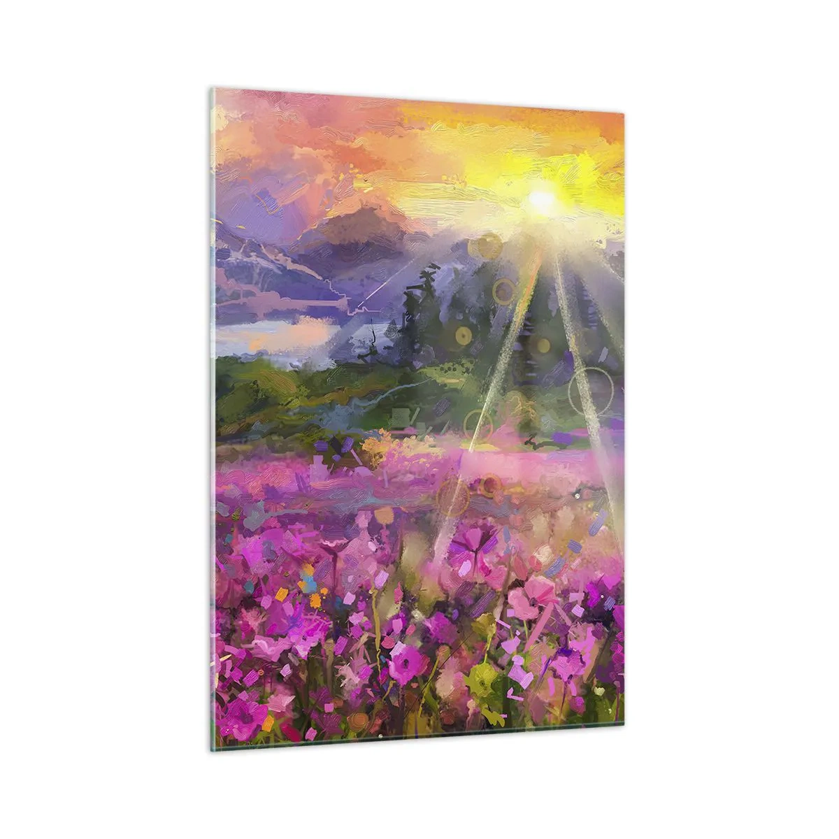 Glasbild - Bild auf glas - Ein malerisches Tal voller Blumen, beleuchtet von den Sonnenstrahlen - 50x70cm - Im Tal unter dem Schutz der Sonne - Moderne Wanddekoration für Wohnzimmer und Schlafzimmer ARTTOR