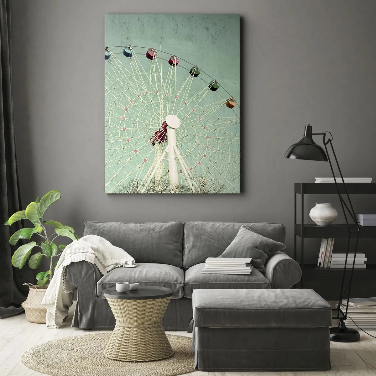 Bild auf Leinwand - Leinwandbild - Ein buntes Riesenrad vor blauem Himmel im Retro-Stil - 80x120cm - Wir laden zum Spiel ein - Moderne Wanddekoration für Wohnzimmer und Schlafzimmer ARTTOR