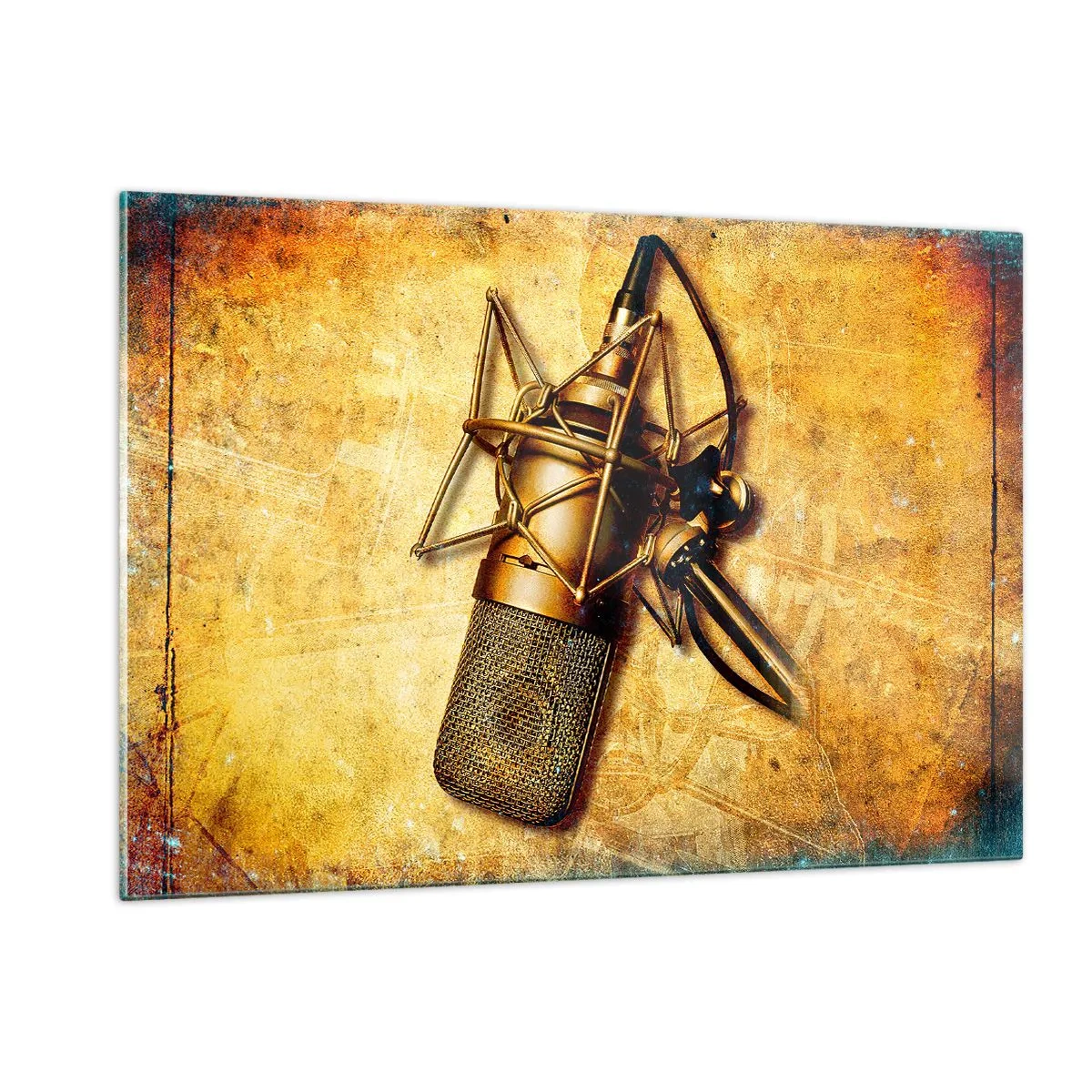 Glasbild - Bild auf glas - Ein goldenes Mikrofon auf Vintage-Hintergrund - 120x80cm - Die goldenen Jahre des Radios - Moderne Wanddekoration für Wohnzimmer und Schlafzimmer ARTTOR