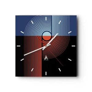 Wanduhr - Glasuhr - Geometrische Abstraktion mit Linien in Marineblau und Orange. - 30x30cm - In einer geometrischen Umarmung - Moderne Wanddekoration für Wohnzimmer und Schlafzimmer ARTTOR