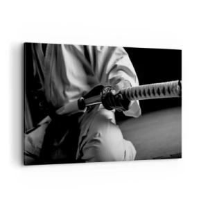 Bild auf Leinwand - Leinwandbild - Ein Samurai im Kimono hält ein Katana in Schwarz und Weiß. - 120x80cm - Kriegerseele - Moderne Wanddekoration für Wohnzimmer und Schlafzimmer ARTTOR