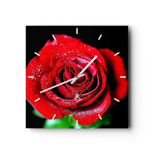 Wanduhr - Glasuhr - Eine rote Rose mit Tautropfen auf schwarzem Hintergrund. - 30x30cm - Das ist Liebe - Moderne Wanddekoration für Wohnzimmer und Schlafzimmer ARTTOR