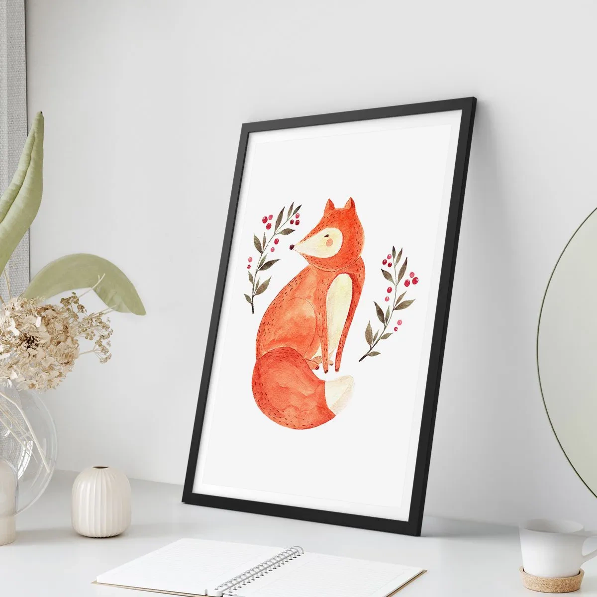 Poster in einem schwarzem Rahmen - Illustration eines Fuchses, umgeben von Zweigen mit roten Früchten - 50x70cm - Kleine Rothaarige - Moderne Wanddekoration für Wohnzimmer und Schlafzimmer ARTTOR