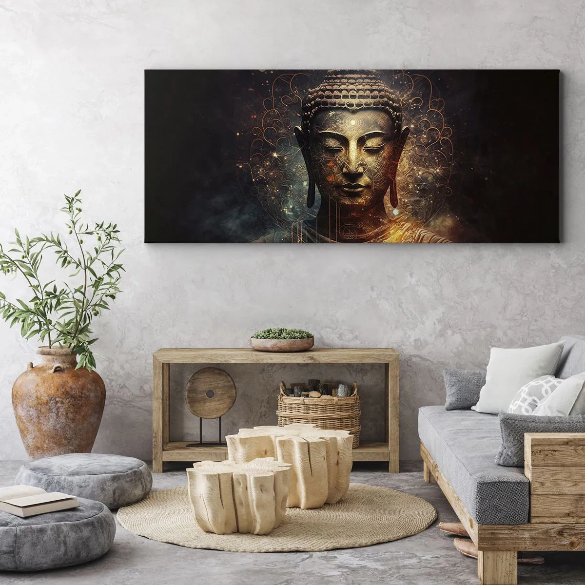 Bild auf Leinwand - Leinwandbild - Goldener Buddha auf dunklem Hintergrund mit Ornamenten - 160x50cm - Spirituelles Gleichgewicht - Moderne Wanddekoration für Wohnzimmer und Schlafzimmer ARTTOR