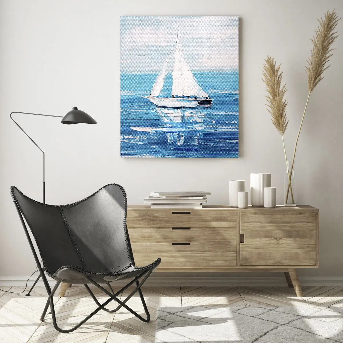 Glasbild - Bild auf glas - Zwei weiße Segelboote auf einem ruhigen blauen Meer - 50x70cm - Mit Freund an der Seite - Moderne Wanddekoration für Wohnzimmer und Schlafzimmer ARTTOR
