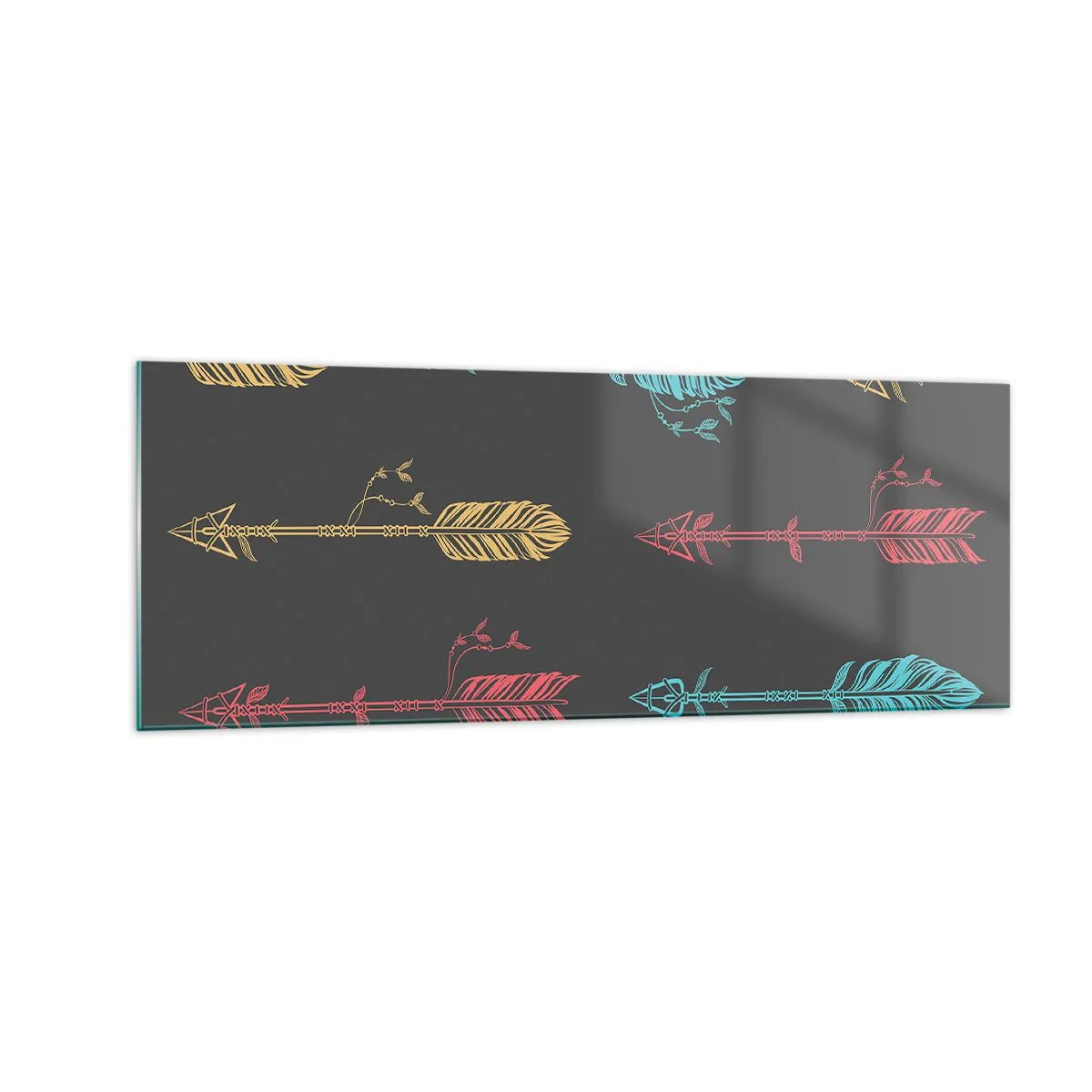 Glasbild - Bild auf glas - Stilisiertes Pfeilmuster in Pastellfarben auf dunklem Hintergrund - 140x50cm - In der Verordnung - Moderne Wanddekoration für Wohnzimmer und Schlafzimmer ARTTOR