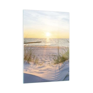 Glasbild - Bild auf glas - Sonnenuntergangsstrand mit Blick auf das Meer und Dünengräser - 50x70cm - Das Rauschen des Meeres, der Gesang der Vögel, ein wilder Strand im Gras ... - Moderne Wanddekoration für Wohnzimmer und Schlafzimmer ARTTOR