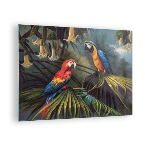 Glasbild - Bild auf glas - Zwei bunte Papageien vor dem Hintergrund eines tropischen Dschungels - 70x50cm - Romantik in den Tropen - Moderne Wanddekoration für Wohnzimmer und Schlafzimmer ARTTOR