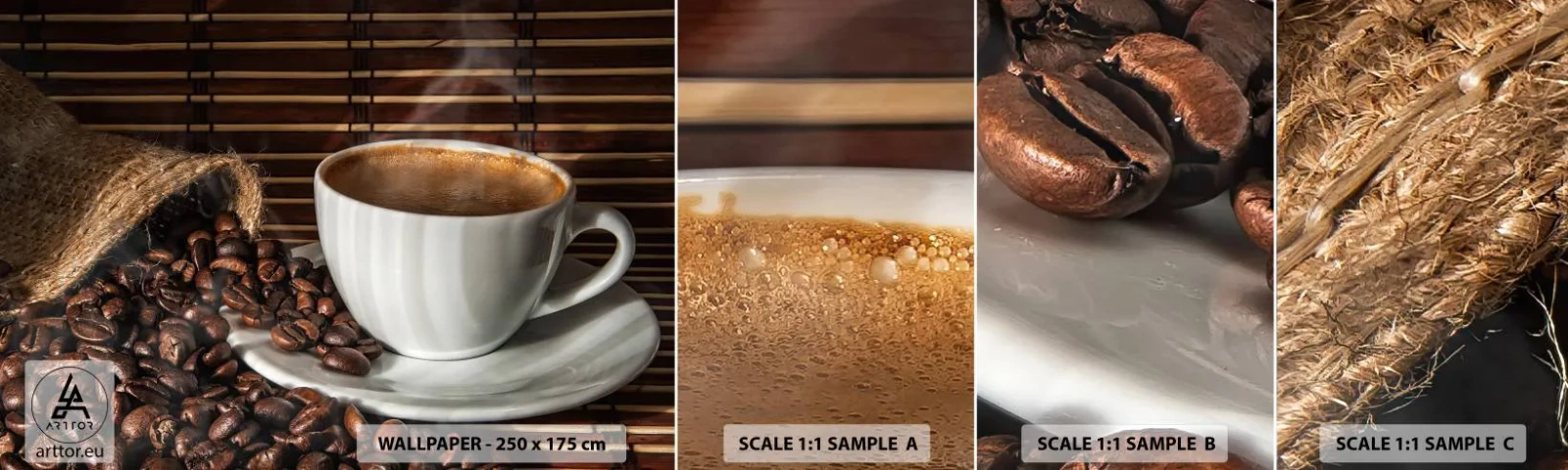Fototapeten Muster Selbstklebend Deluxe Sticker - Die Schwärze von Kohle, die Klarheit von Bernstein - Gastronomie, Kaffee, Tasse Kaffee - 100x30 cm