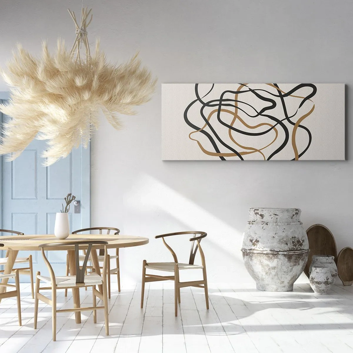 Bild auf Leinwand - Leinwandbild - Verworrene Linien in Schwarz und Gold auf hellem Hintergrund - 120x50cm - Alles ging schief - Moderne Wanddekoration für Wohnzimmer und Schlafzimmer ARTTOR