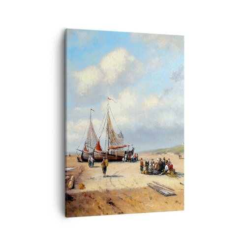 Bild auf Leinwand - Leinwandbild - Fischerboote am Strand mit menschlichen Figuren - 50x70cm - Nach einem erfolgreichen Fischfang - Moderne Wanddekoration für Wohnzimmer und Schlafzimmer ARTTOR
