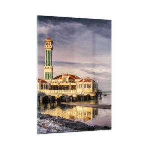 Glasbild - Bild auf glas - Moschee am Wasser in malerischem Licht - 50x70cm - Tempel der Natur - Moderne Wanddekoration für Wohnzimmer und Schlafzimmer ARTTOR