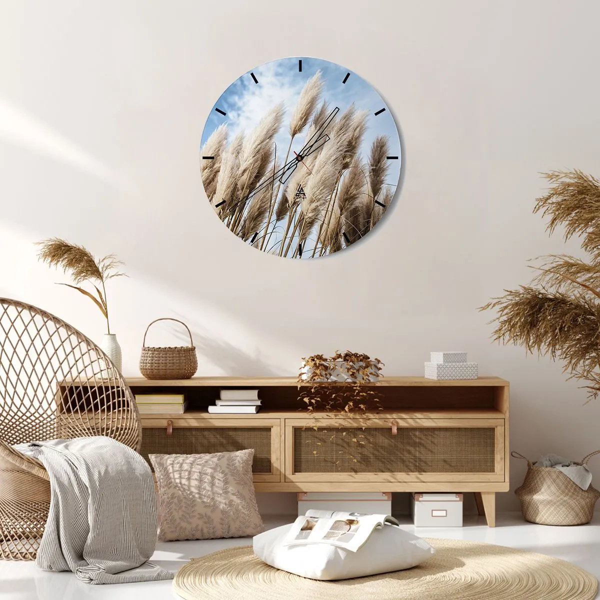 Wanduhr - Glasuhr - Flauschiges Pampasgras vor blauem Himmel - 30x30cm - Sonnige und windige Liebkosungen - Moderne Wanddekoration für Wohnzimmer, Küche und Schlafzimmer ARTTOR