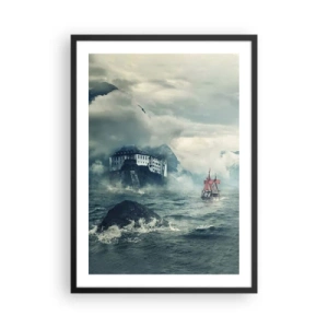 Poster in einem schwarzem Rahmen - Ein Schiff auf stürmischer See in der Nähe einer Burg im Nebel - 50x70cm - In magischen Gewässern - Moderne Wanddekoration für Wohnzimmer und Schlafzimmer ARTTOR