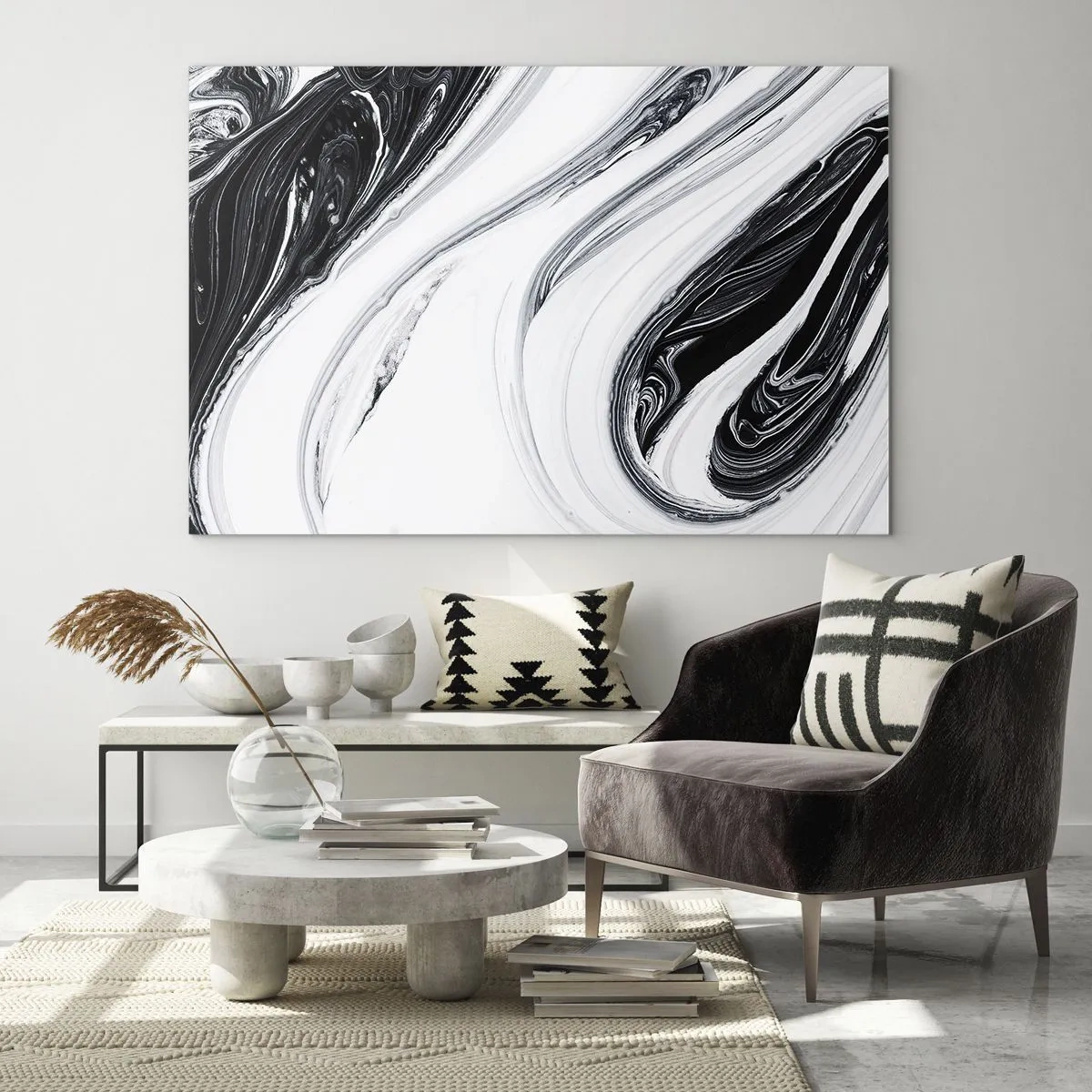 Glasbild - Bild auf glas - Schwarz-weiße, wirbelnde Linien, die Marmor ähneln, in einem abstrakten Stil - 70x50cm - Kombination aus Gegensätzen - Moderne Wanddekoration für Wohnzimmer und Schlafzimmer ARTTOR