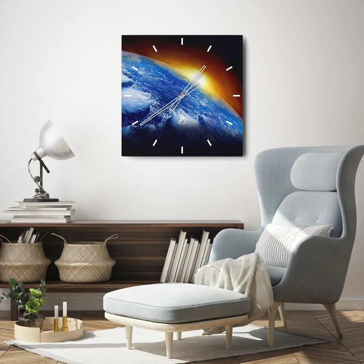 Wanduhr - Glasuhr - Sonnenaufgang über dem blauen Planeten - 30x30 cm