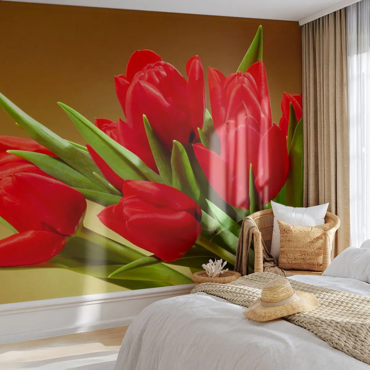 Fototapete Premium Sand - Ein Strauß roter Tulpen auf goldenem Hintergrund - 100x70cm - Ein Haufen Frühlingsfreude - Moderne Wanddekoration für Wohnzimmer und Schlafzimmer ARTTOR