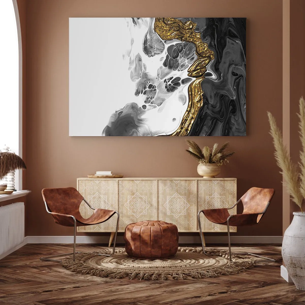 Bild auf Leinwand - Leinwandbild - Eine abstrakte Komposition mit Akzenten in Gold und Schwarz. - 120x80cm - Organische Komposition - Moderne Wanddekoration für Wohnzimmer und Schlafzimmer ARTTOR