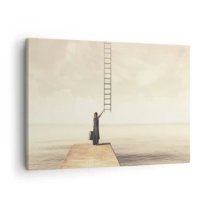 Bild auf Leinwand - Leinwandbild - Eine Frau steht auf einem Pier mit einer Leiter, die in den Himmel führt - 70x50cm - Eine magische Reise - Moderne Wanddekoration für Wohnzimmer und Schlafzimmer ARTTOR